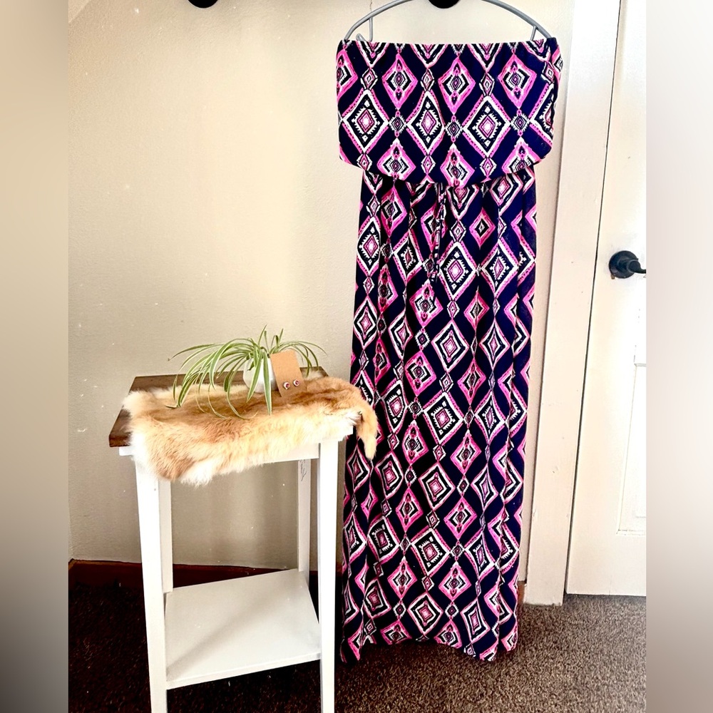 Strapless Geometric Pink and Purple Maxi Dress